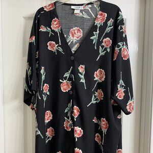 Vivoli Women's Black Rayon Blouse with Mauve Color Roses, Size 3X